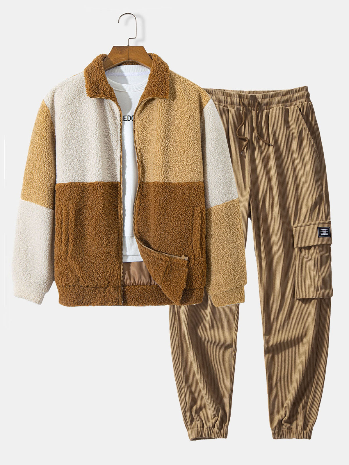 Farbblock Teddy Fleece Mantel & Kordelzug Corduroy Cargo Jogger Hose