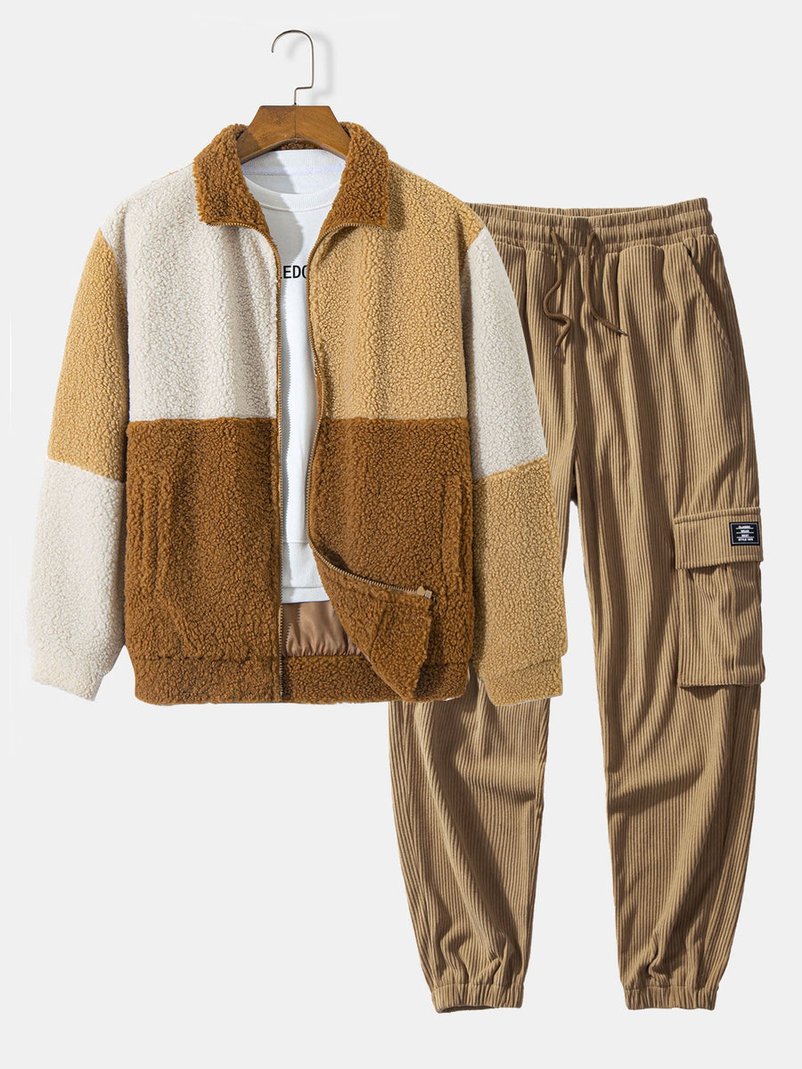 Farbblock Teddy Fleece Mantel & Kordelzug Corduroy Cargo Jogger Hose