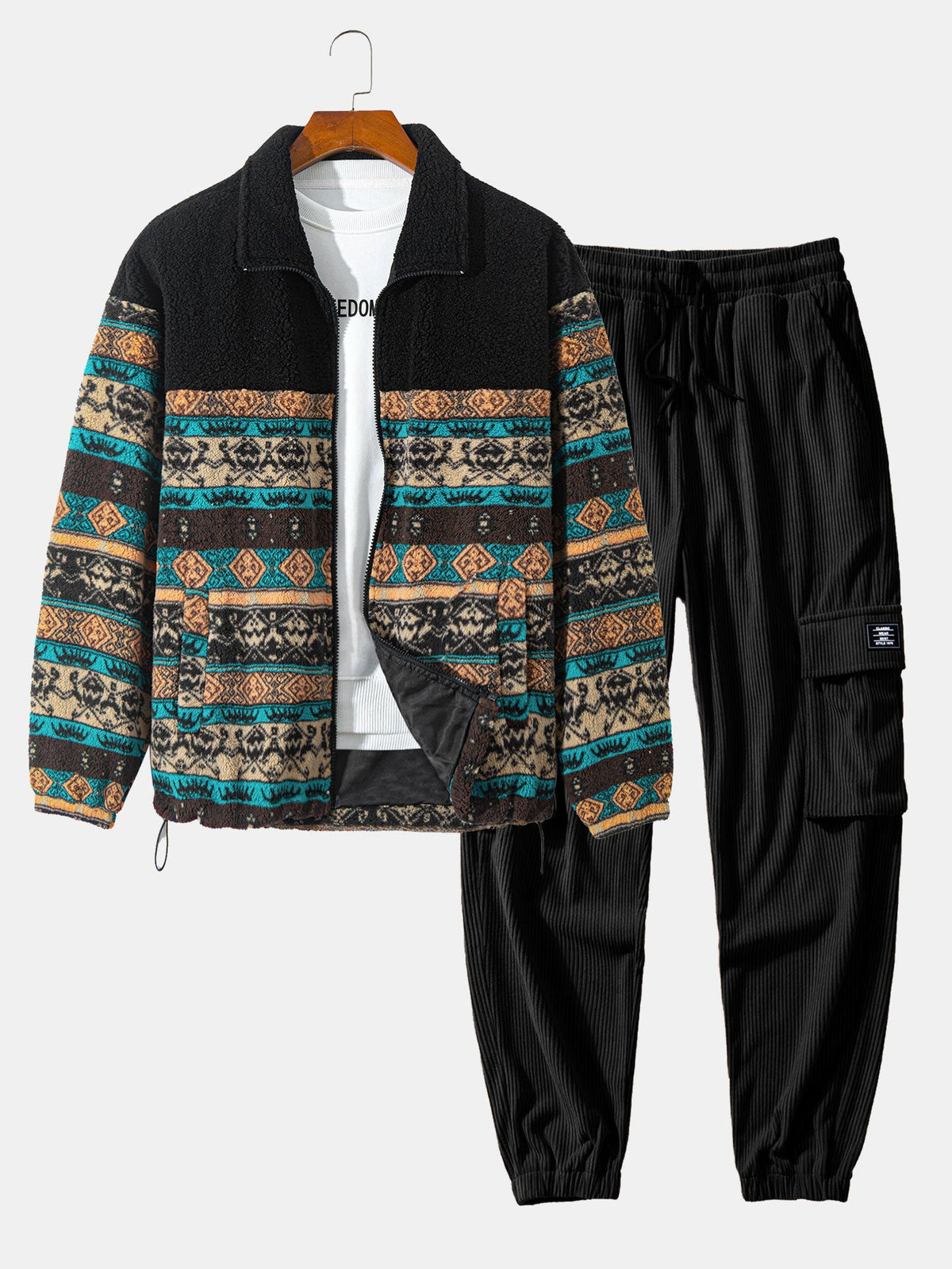 Teddy Fleece Ethnischer Print Mantel & Kordelzug Corduroy Cargo Jogger Hose