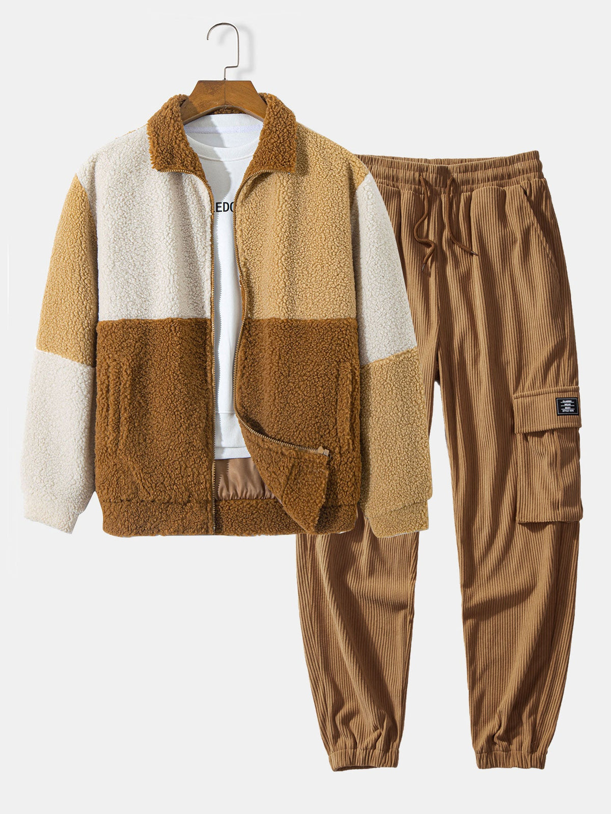 Farbblock Teddy Fleece Mantel & Kordelzug Corduroy Cargo Jogger Hose