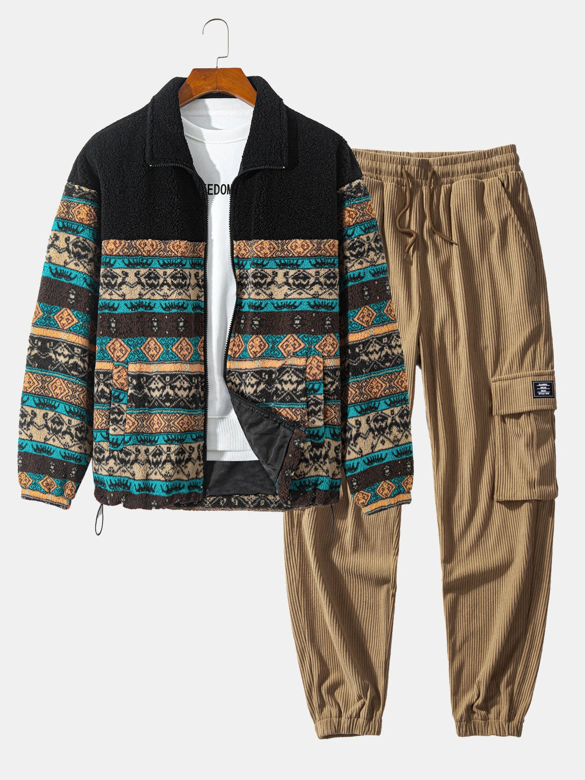 Teddy Fleece Ethnischer Print Mantel & Kordelzug Corduroy Cargo Jogger Hose