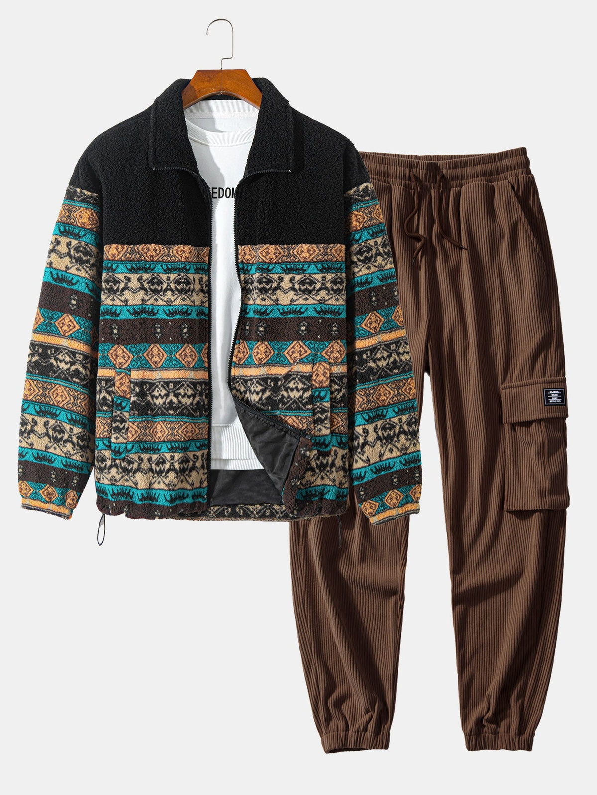Teddy Fleece Ethnischer Print Mantel & Kordelzug Corduroy Cargo Jogger Hose