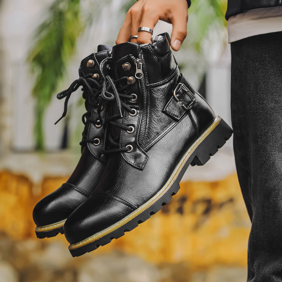 Multi-Zipper Leather Boots