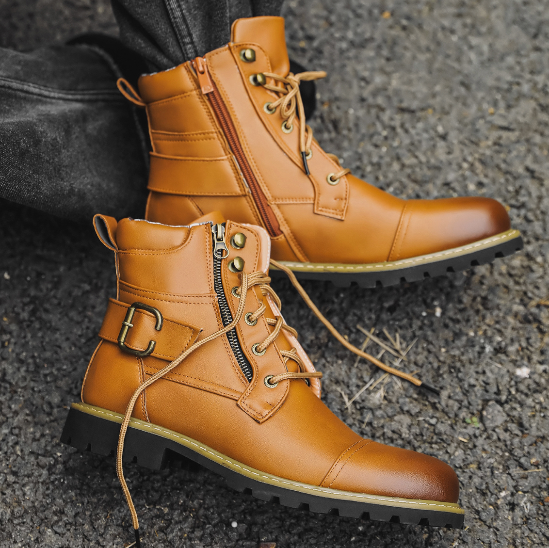 Multi-Zipper Leather Boots