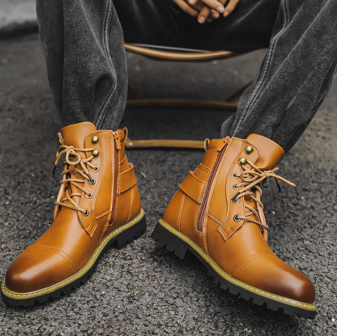 Multi-Zipper Leather Boots