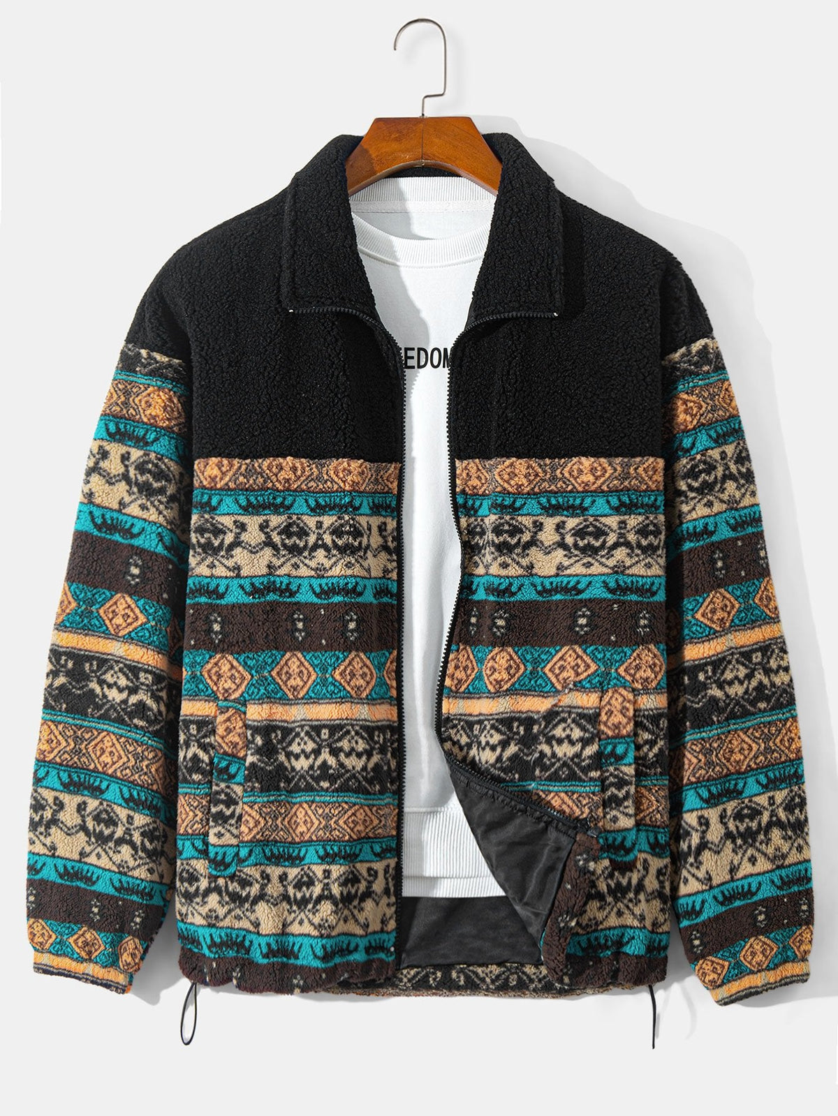 Teddy Fleece Ethnischer Print Mantel & Kordelzug Corduroy Cargo Jogger Hose