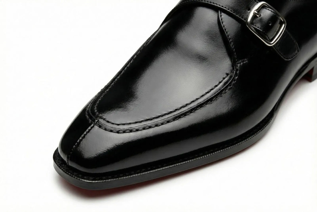 Old Money Men's Black Leather Monk Strap Dress Shoes — Red Sole