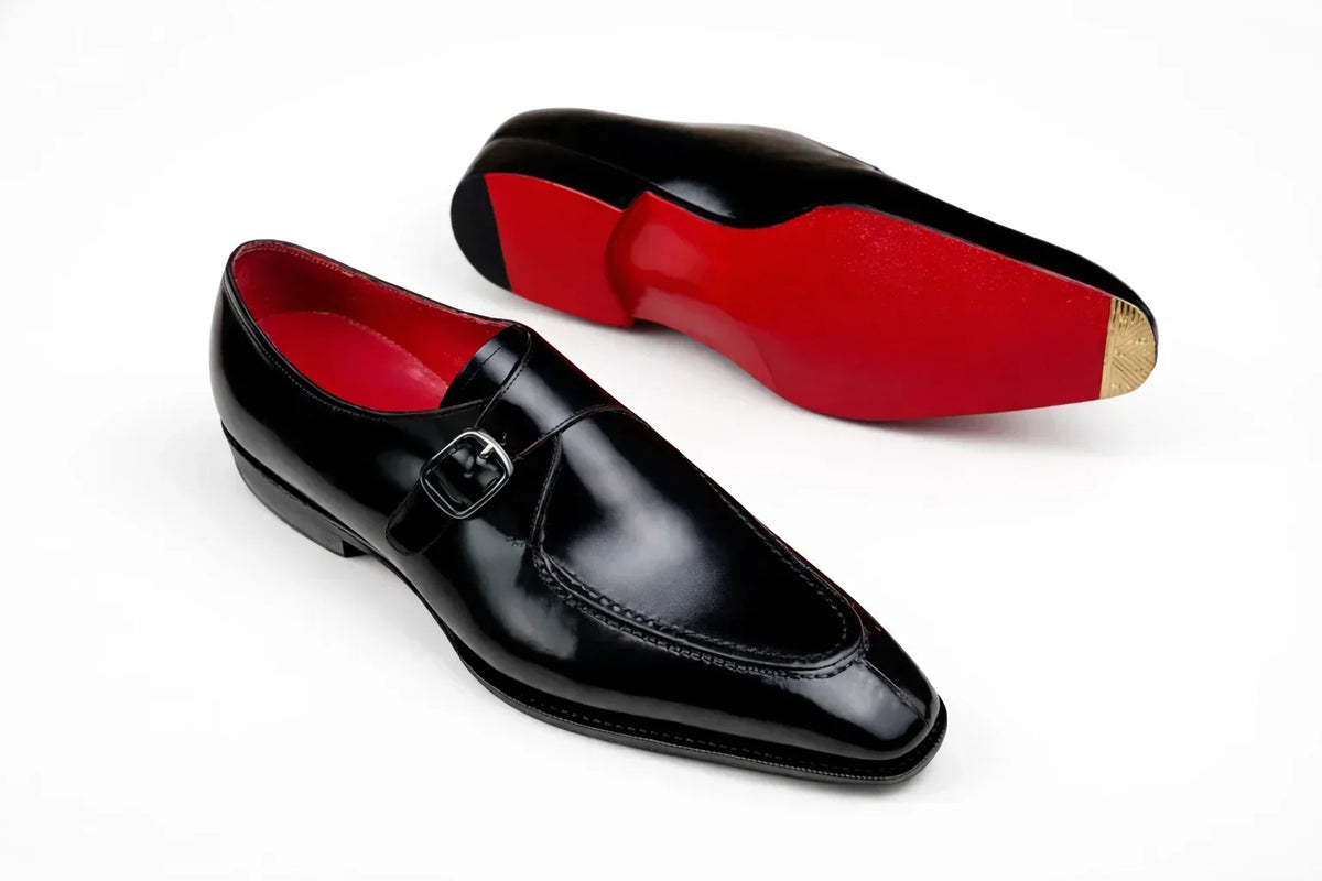 Old Money Men's Black Leather Monk Strap Dress Shoes — Red Sole